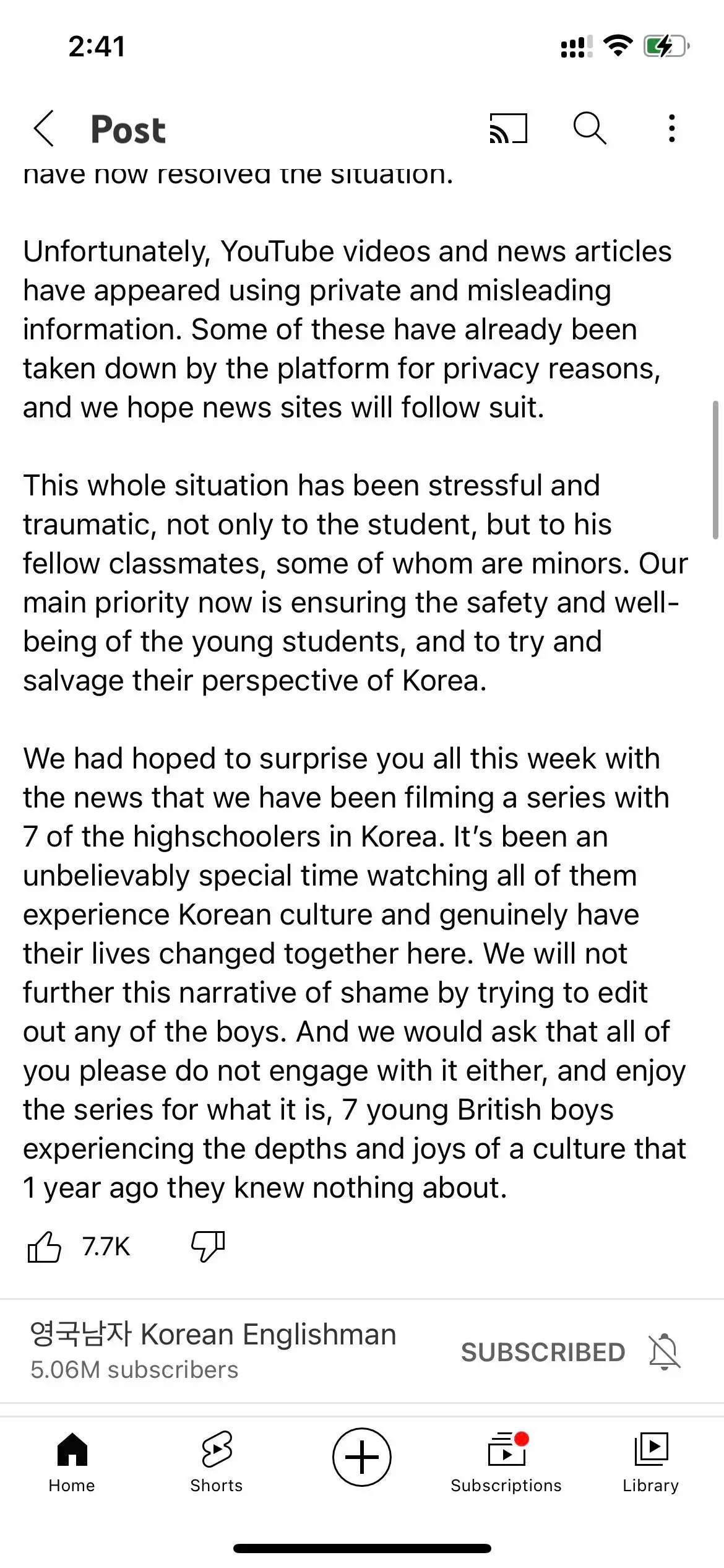 Korean Englishman youtube channel made a statement regarding the grooming issue