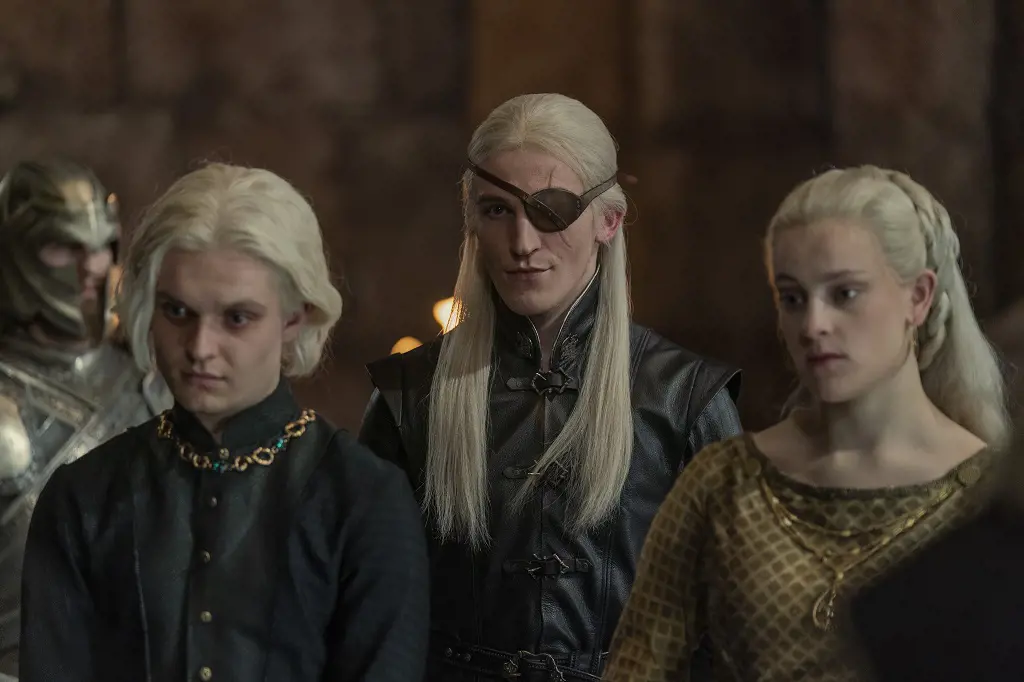 Aegon Targaryen with his sister Helaena Targaryen and brother Aemond Targaryen