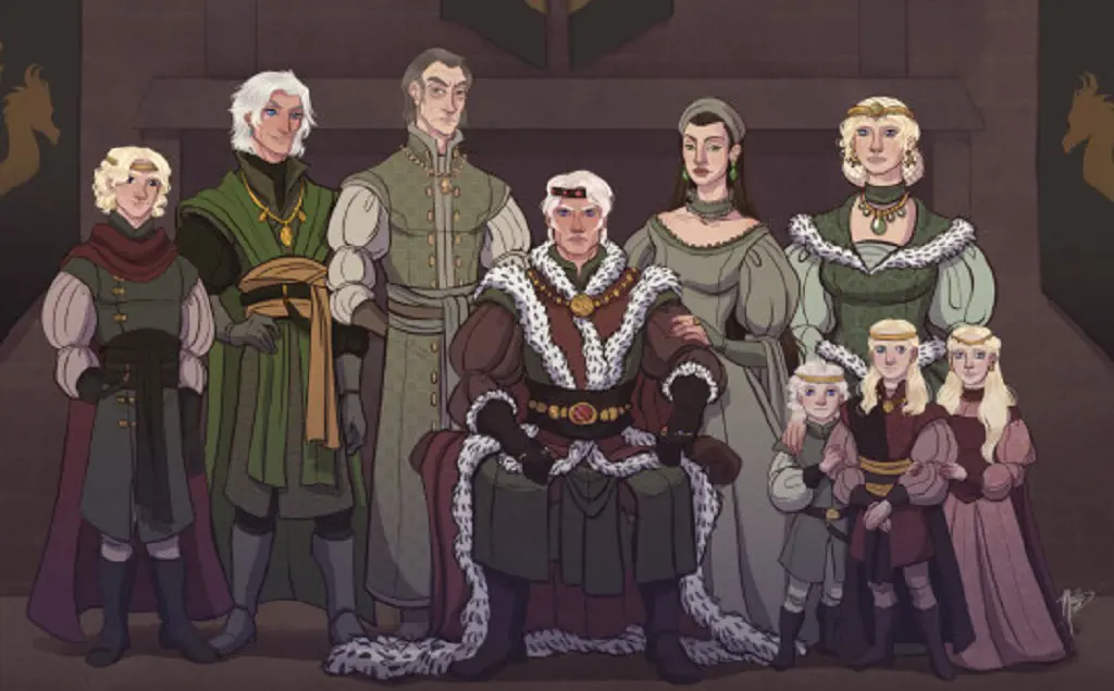 Aegon Targaryen and Helaena Targaryen family, alongside their three children