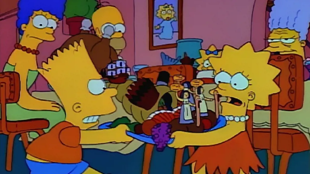 Bart and Lisa fight for space in dinner table to place their things during Thanksgiving 