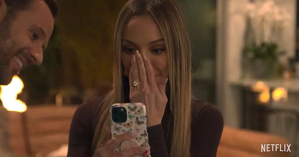 Farrah Aldjufrie face timing her mother Kyle and sharing news of her engagement in an episode of Buying Beverly Hills