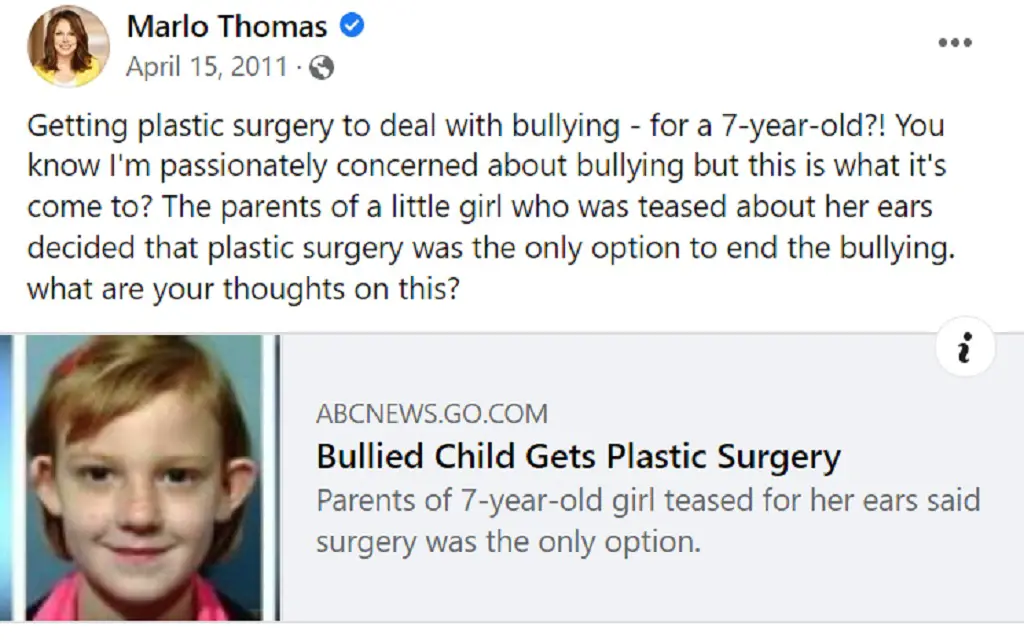 Marlo Thomas voiced opinion about a plastic surgery done by a child on her Facebook 