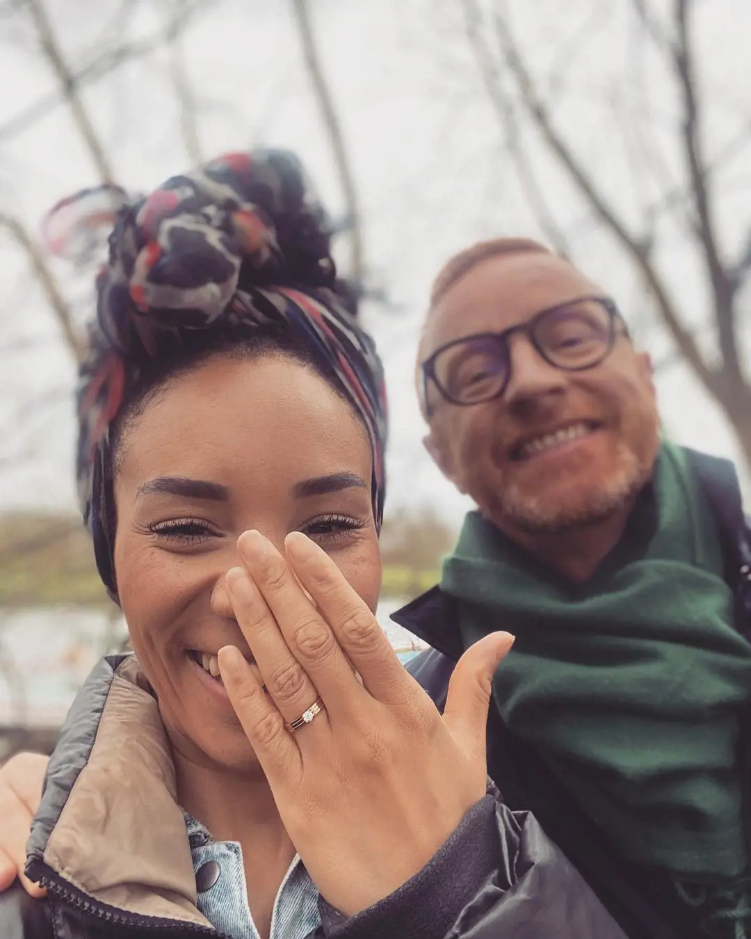 Michelle Ackerley with her partner, Ben Ryan, showing off her engagement ring 