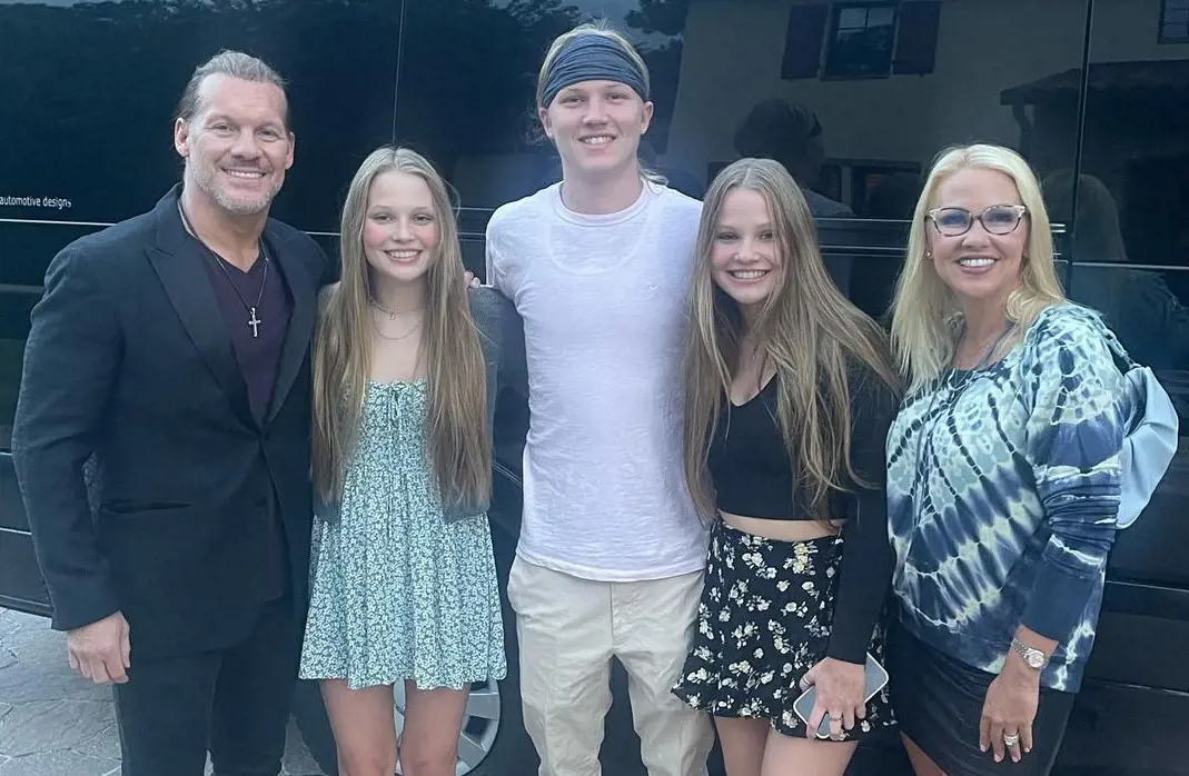 american wrestler Chris Jericho with his whole family, wife Jessica Lockhart, two twin daughters and a son