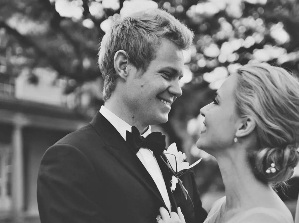 Lovely black and white wedding picture of George Wilson and Amanda Schull