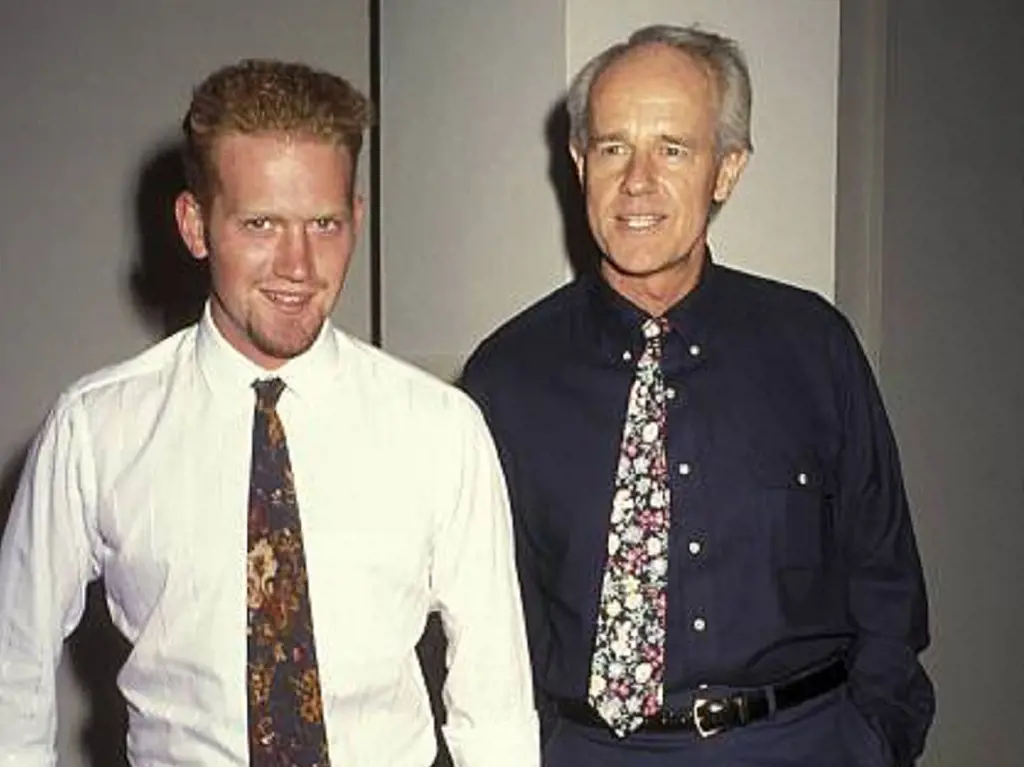 Actor Mike Farrell at the Writers Guild Theater in Beverly Hills, California, with his son