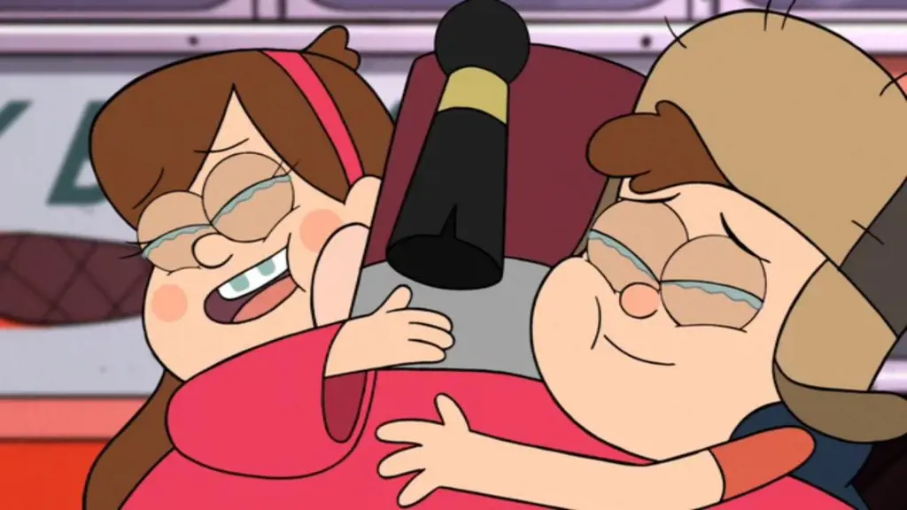 The final scene of Gravity Falls where Dipper and Mabel are hugging Stan