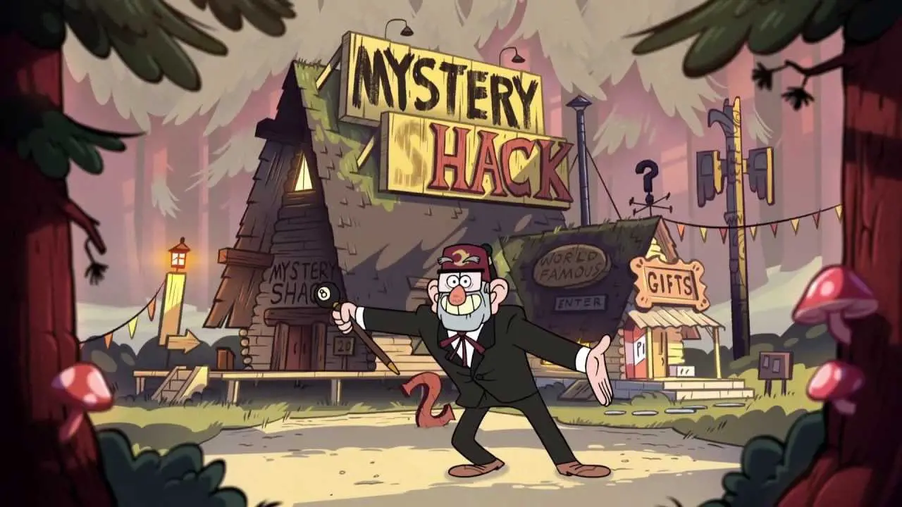 The mystery shack and Stan Pine in Gravity Falls which premiered 10 years ago