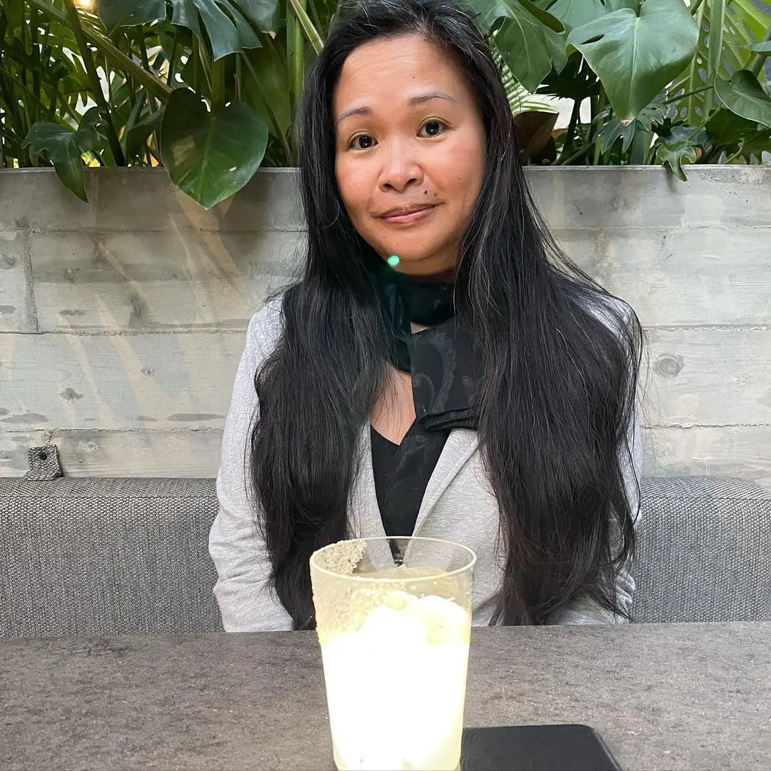 Majumdar's spouse Villanueva ventures out to dinner at outdoor dining on May 3, 2021. She said the pandemic made all her grey hairs come out.