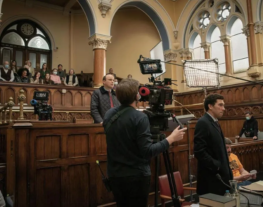 The former magistrates court in Bradford City Hall featured in Bank of Dave; Rory Kinnear as Fishwick and Joel Fry as Hugh