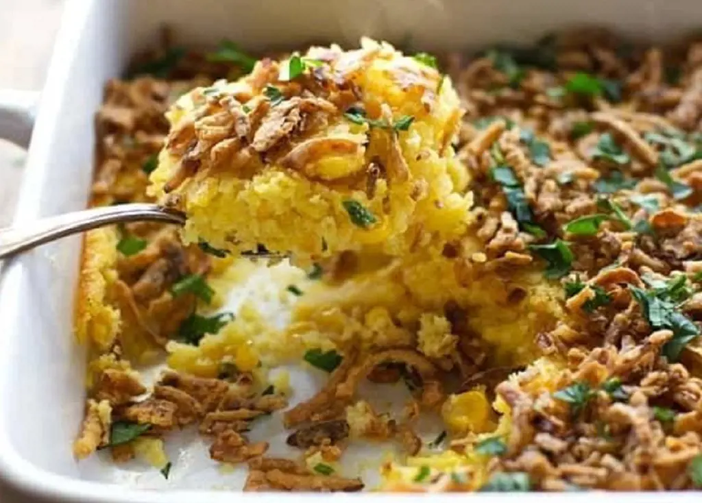 Creamy Corn Pudding With Crispy Onions is a simple dish to enjoy during holidays