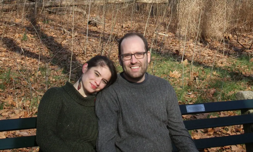 Megan Wachspress and Nathan sit on their engagement bench in Central Park.