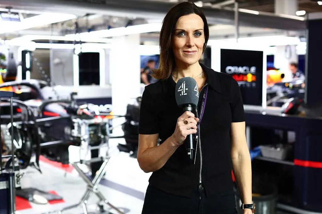 Sports Presenter Lee McKenzie in Channel 4 studio during her weekly coverage of motosport