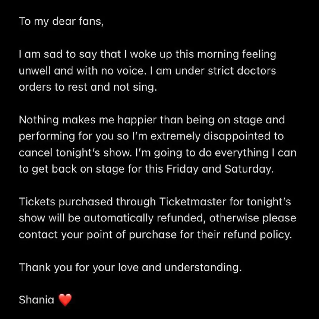 Shania Twain's health update for her fans on her Instagram