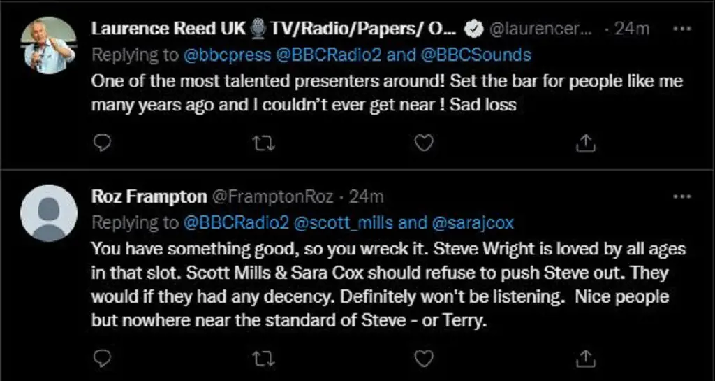 Twitter lashing out at the announcement of Steve Wright being replaced on BBC Radio 2 afternoon slot