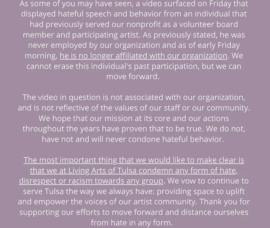 Living Arts Tulsa's Statement After The Controversy