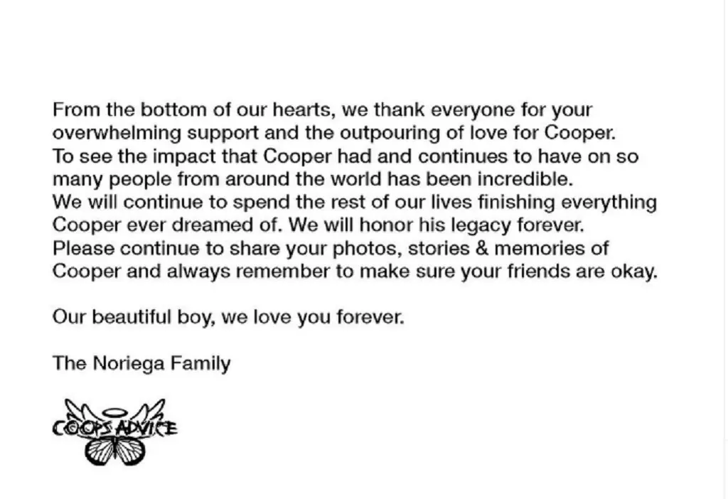 Cooper Noriega Family Message Following His Death