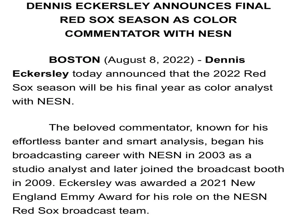 Dennis Eckersley's retirement is declared official by NESN.