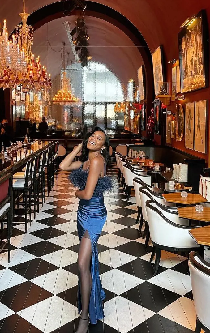 Jasmine sports Navy Square Neck Maxi while celebrating her 31st birthday at Baccarat Hotel New York