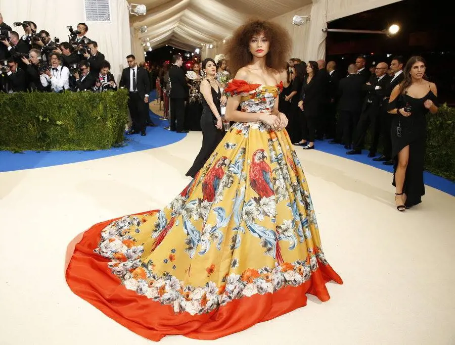 Zendaya in a tropical-printed Dolce & Gabbana gown, featuring a parrot print, at Met Gala 2017