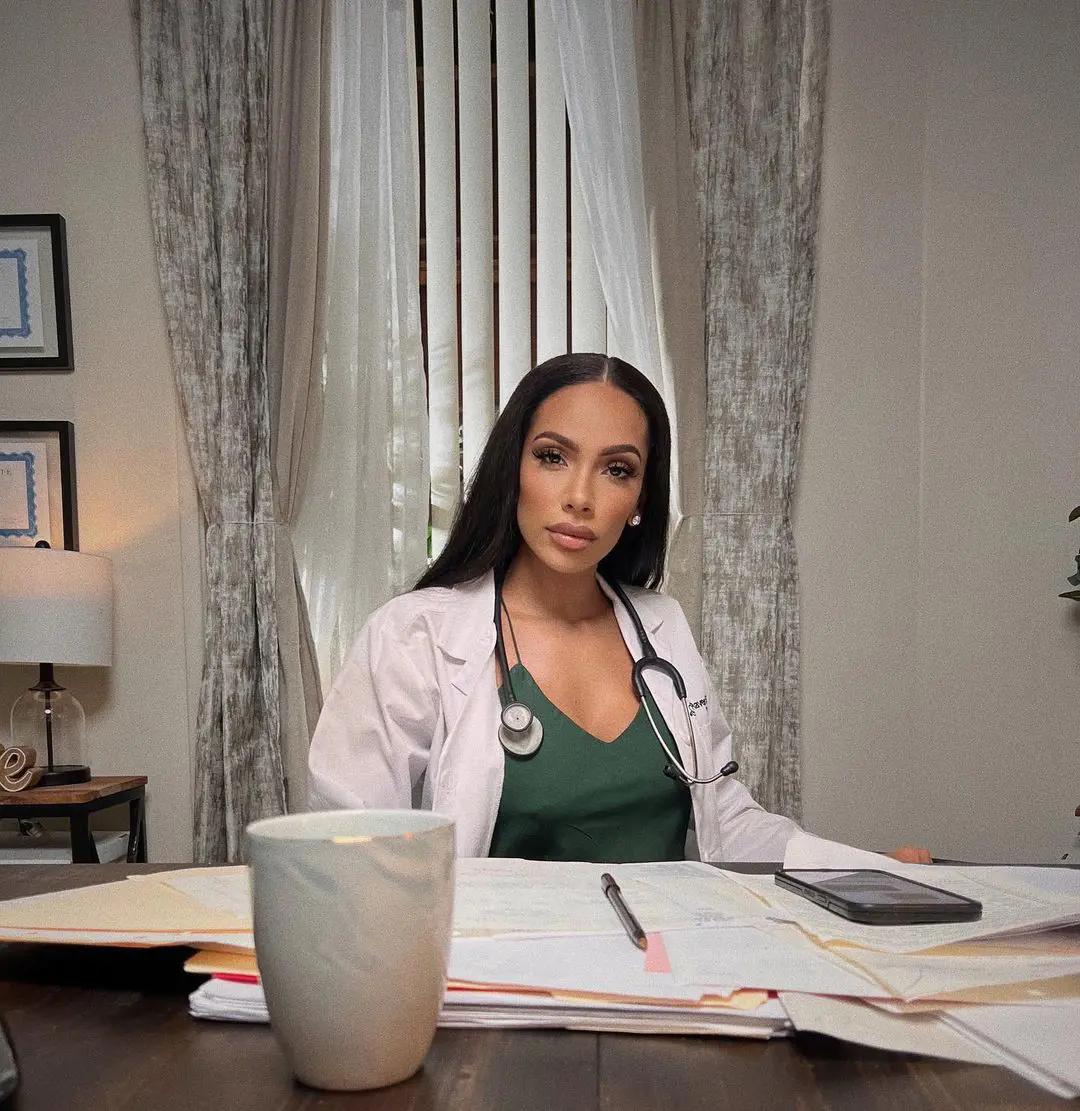 Erica get up as a doctor in her new movie 