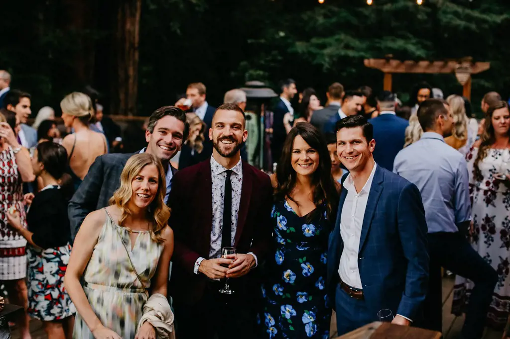  Goetschius  at the wedding venue with his friends Kristen Duke, Justin Osler, Brian Duke and Kate Osler at The Sequoia Retreat Center in Ben Lomond, CA, United States 