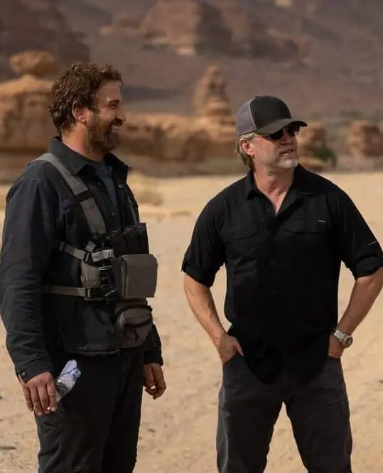 Director Waugh and his lead actor Butler pictured while filming the thriller, Kandahar, in Saudi Arabia
